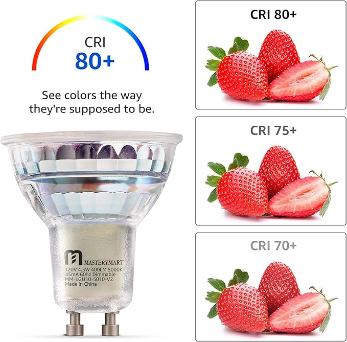 MASTERY MART 24 Pack Dimmable GU10 LED Light Bulbs, 4.5W Bright 5000K Daylight White 50W Halogen Equivalent, 400lm Energy Saver for Track Lighting Fixture, Kitchen, Basement, Living Room, 25000 Hours