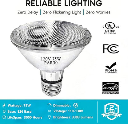 PAR30 Short Neck Halogen Flood Light Bulbs, 120V 75W PAR30 Light Bulb, Dimmable, High Output, E26 Medium Base, 2700K Warm Lighting, 3000 Hours for Recessed Light Bulb(6 Pack)