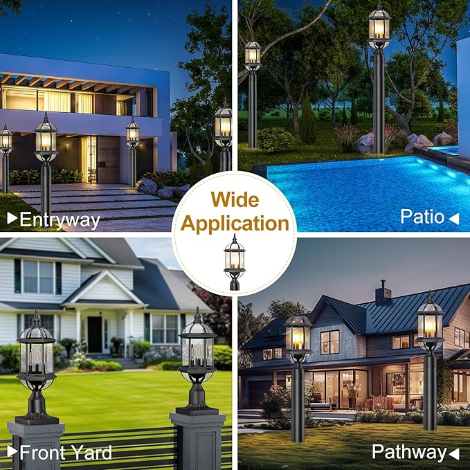 Outdoor Post Lights,19.21" 3-Light Lamp Post Light Fixture,Hardwired 120V Exterior Waterproof Pole Lighting,Modern Black Aluminum Lantern for Garden, Yard, Patio, Pathway