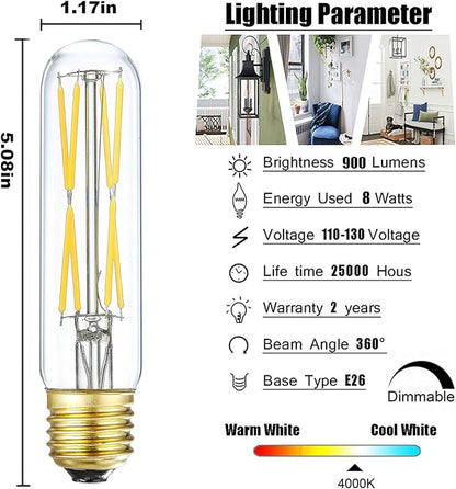 XININSUN T10 LED Bulb, 8W Dimmable, 75-100W Equivalent, 4000K Daylight, 850 Lumens, E26 Base, Clear Glass