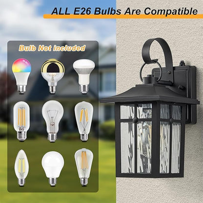 2 Pack Dusk to Dawn Outdoor Wall Lights, Aluminum Exterior Light Fixtures Wall Mount with Ripple Glass, Waterproof Black Porch Lights, Outside Wall Lantern for Entryway, Garage, Patio