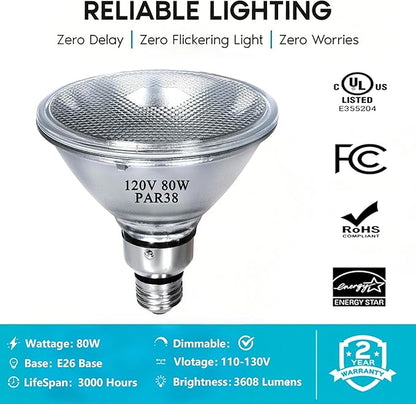 PAR38 Halogen Flood Light Bulbs 2 Pcs, 80W Equivalent, 120V, E26 Base, 2700K Warm White Light for Indoor and Outdoor