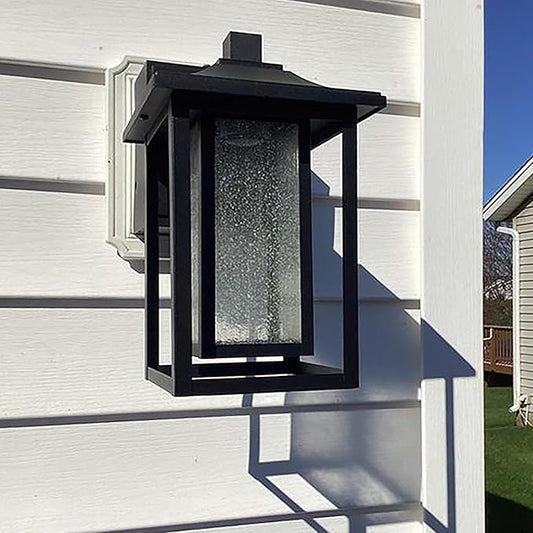 ALOADECOR 1 Light Black Exterior Light Dusk to Dawn Sensor Outdoor Lights Garage Wall Lights with Seeded Glass Front Porch Light Fixtures with GFCI Outlets for Outside Garden Porch Patio