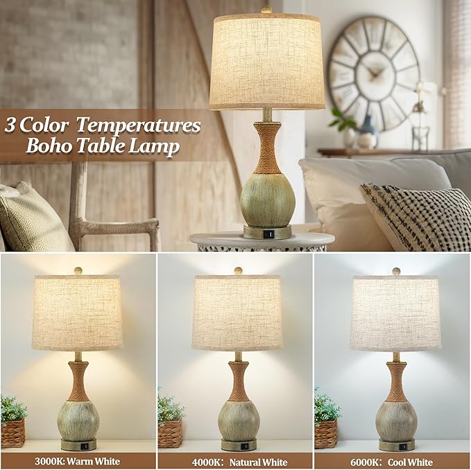 Bedside Table Lamp Set of 2 - Bedroom Table Lamps with Adjustable Color Temperatures - Boho Rattan Lamps with USB A+C Charging Ports Grey Farmhouse Living Room Lamps for Reading Bulbs Included