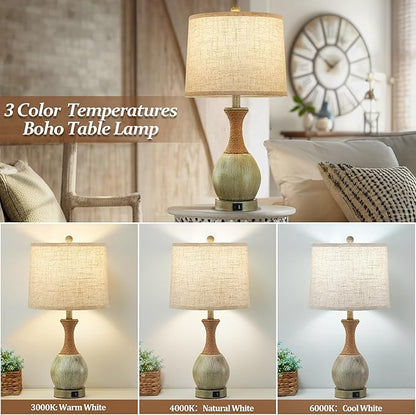 Bedside Table Lamp Set of 2 - Bedroom Table Lamps with Adjustable Color Temperatures - Boho Rattan Lamps with USB A+C Charging Ports Grey Farmhouse Living Room Lamps for Reading Bulbs Included