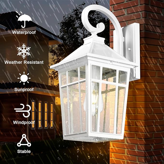Darkaway Large Outdoor Wall Lights for House, 18inch Exterior Lighting Fixtures 2pcs Wall Mount Outdoor Porch Lights White Outdoor Sconce Lights with Seeded Glass for Hallway Garage