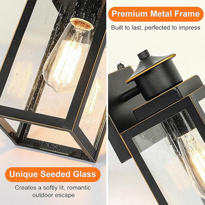 BesLowe 2-Pack Dusk to Dawn Outdoor Wall Lights, Modern Porch Lights Outdoor Sconces with Seeded Glass, Exterior Lighting Fixtures, Outside Lights for House Front Door Garage, Black with Gold Trim