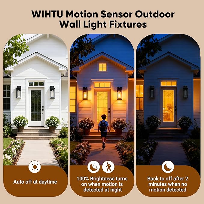 WIHTU Motion Sensor Exterior Porch Light Fixtures, Water Ripple Outdoor Wall Lantern, 2 Pack Sensor Wall Sconce Lights, Waterproof Outside Lantern Lamp, Porch Lamp for Garage, Doorway(Bulb Included)