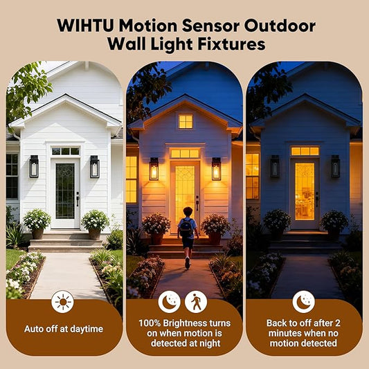 WIHTU Motion Sensor Exterior Porch Light Fixtures, Water Ripple Outdoor Wall Lantern, 2 Pack Sensor Wall Sconce Lights, Waterproof Outside Lantern Lamp, Porch Lamp for Garage, Doorway(Bulb Included)