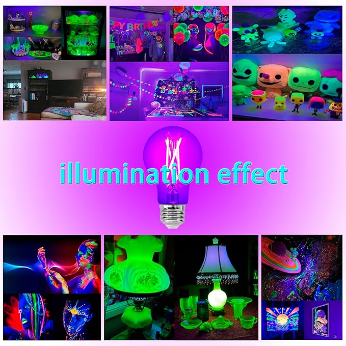 TITO 4 Pack E26 A19 Dimmable Filament LED Black Light Bulbs, UVA 395nm 6W Blacklight Bulb 100W Equivalent, Black Light Bulb Glow in Dark Halloween Christmas Party Fluorescent Posters Decor Display