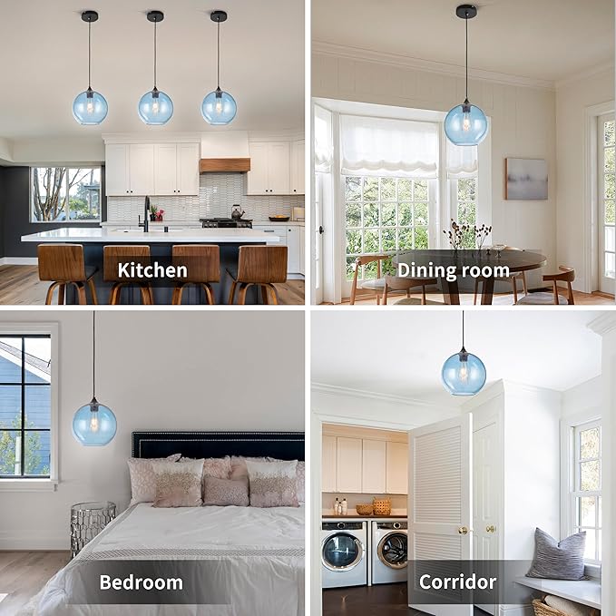 Blue Glass Pendant Lights Kitchen Island Lighting Modern Globe Pendant Light Fixtures Modern Pendant Lights for Kitchen Island Bedroom Living Dining Room Light Fixture-9.8inch