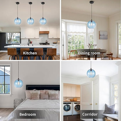 Blue Glass Pendant Lights Kitchen Island Lighting Modern Globe Pendant Light Fixtures Modern Pendant Lights for Kitchen Island Bedroom Living Dining Room Light Fixture-9.8inch
