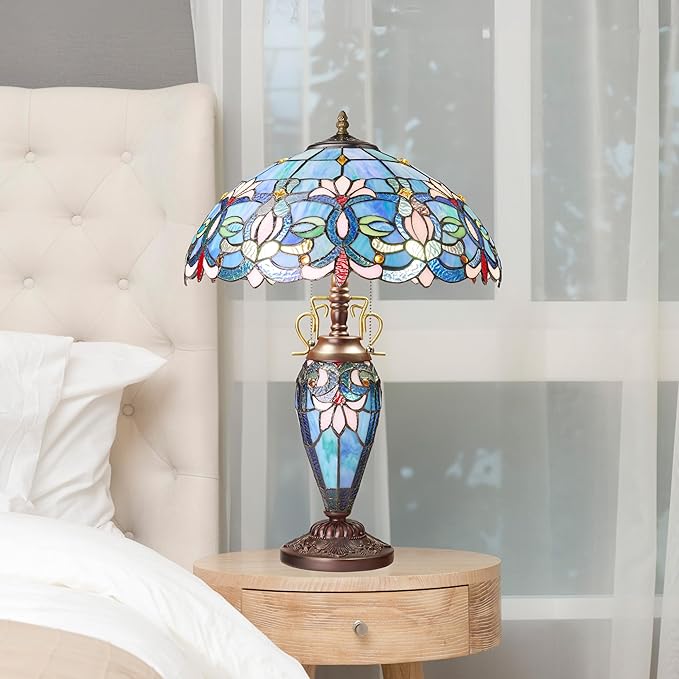 RIVER OF GOODS 24.5" H Victorian Blue Dome Shade Double Lit Tiffany-Style Stained Glass Table Lamp