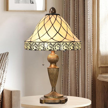 TL0028 Tiffany Table Lamp Stained Glass Lampshade Beige-Like Color with Geometric Pattern, Warm Glow & Elegant Design, Antique Finished Lamp Base, W 14 X H 24 Inches, LED Bulb Included