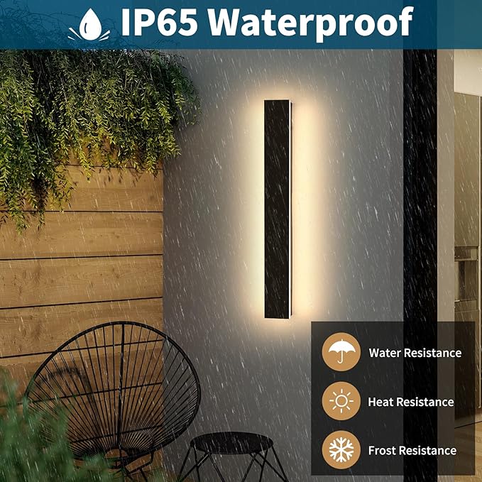 23.6inch Modern Outdoor Wall Light, LED Long Wall Sconces Lighting 3 Color Lights 3000K/4500K/6000K, Black Minimalist, IP65 Waterproof, Exterior Light Fixture Wall Lamps for Garage Porch Yard