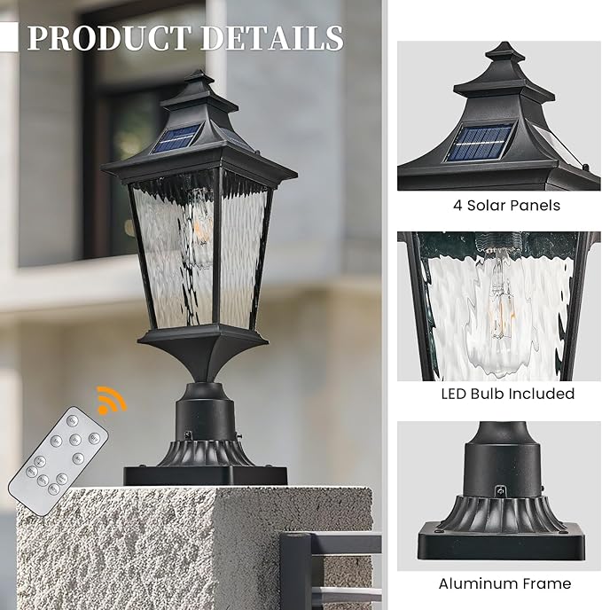 Solar Lamp Post Light Aluminum 20.7 Inch Large Size Outdoor Post Lights Hard Wired with Water Ripple Glass Black Lamp Posts Outdoor Lighting with Remote Control and LED Bulb
