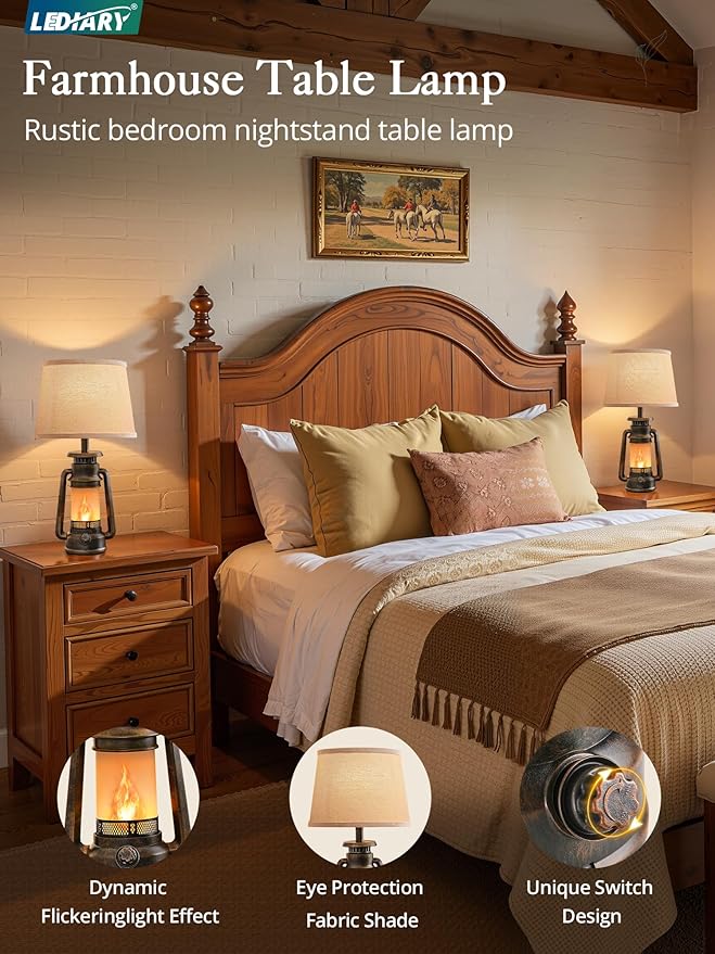 LEDIARY 18.72" LED Vintage Lantern Flickering Flame Table Lamps for Bedrooms Set of 2, Farmhouse Rustic Vintage End Table Lamps, Rustic Retro Bedside Nightstand Desk Lamp for Living Room