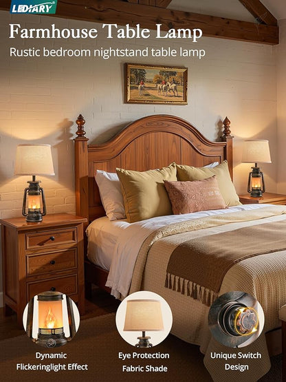 LEDIARY 18.72" LED Vintage Lantern Flickering Flame Table Lamps for Bedrooms Set of 2, Farmhouse Rustic Vintage End Table Lamps, Rustic Retro Bedside Nightstand Desk Lamp for Living Room