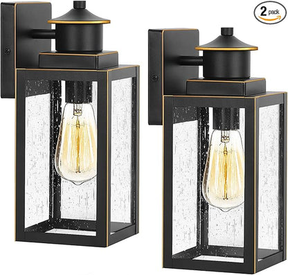BesLowe 2-Pack Outdoor Wall Lights, Porch Lights Outdoor Wall Sconces with Seeded Glass, Exterior Lighting Fixtures Wall Mount, Outside Lights for House Front Door Patio Garage, Black with Gold Trim