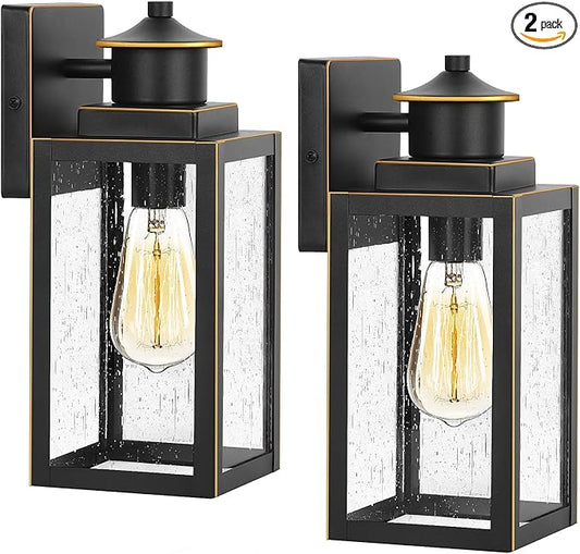 BesLowe 2-Pack Outdoor Wall Lights, Porch Lights Outdoor Wall Sconces with Seeded Glass, Exterior Lighting Fixtures Wall Mount, Outside Lights for House Front Door Patio Garage, Black with Gold Trim