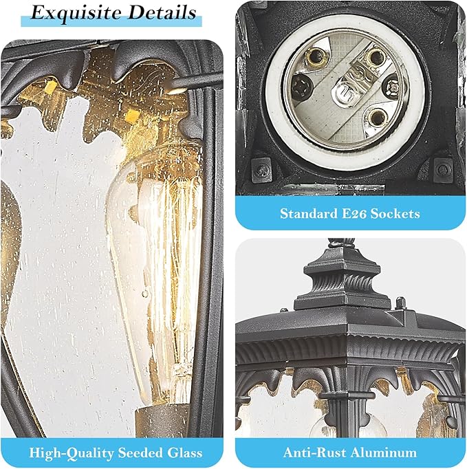 Porch Light Outdoor Wall Lights Exterior Lighting Fixtures, 18.7 Inch Waterproof Black Porch Lights Outdoor Wall Sconces Light Fixture with Seeded Glass for Outside Patio Garage