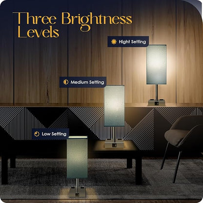 Bedside Lamp with USB Ports - Touch Control Table Lamp for Bedroom with USB C+A Charging Ports & AC Outlets, 3 Way Dimmable Nightstand Light with Flaxen Shade for Living Room (LED Bulb Included, Blue)