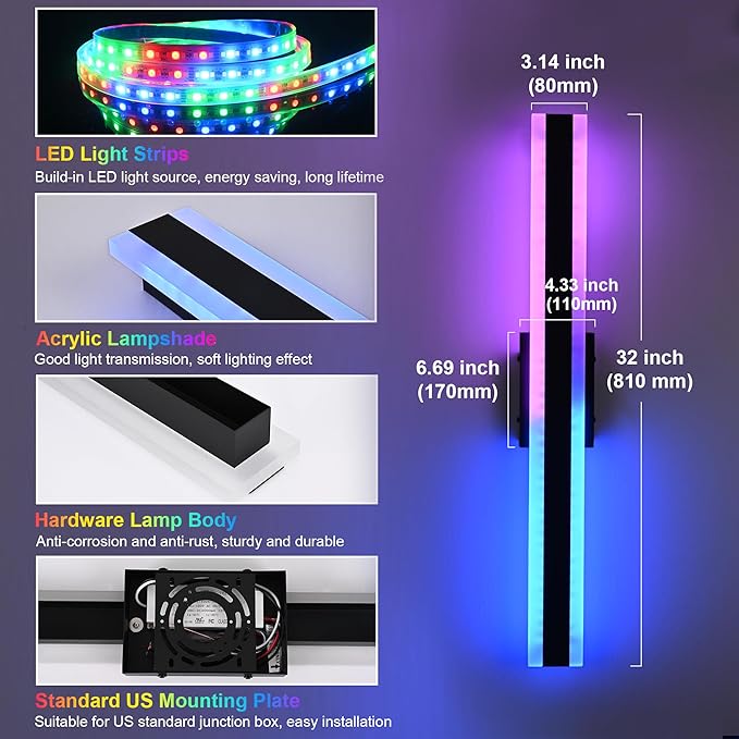 TODOLUZ 2-Pack 32-Inch Outdoor RGB Wall Light Fixture, IP65 Waterproof 21W LED Linear Porch Wall Sconce Lighting with Remote Control for Enterway Patio Garage
