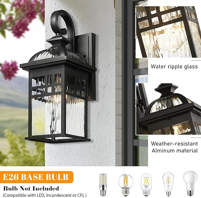 Outdoor Wall Lights Waterproof Exterior Lighting Fixture 15 Inch Height Black Porch Light Outdoor with Water Ripple Glass E26 Socket