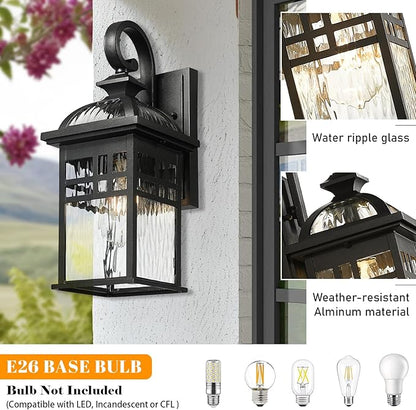 Outdoor Wall Lights Waterproof Exterior Lighting Fixture 15 Inch Height Black Porch Light Outdoor with Water Ripple Glass E26 Socket