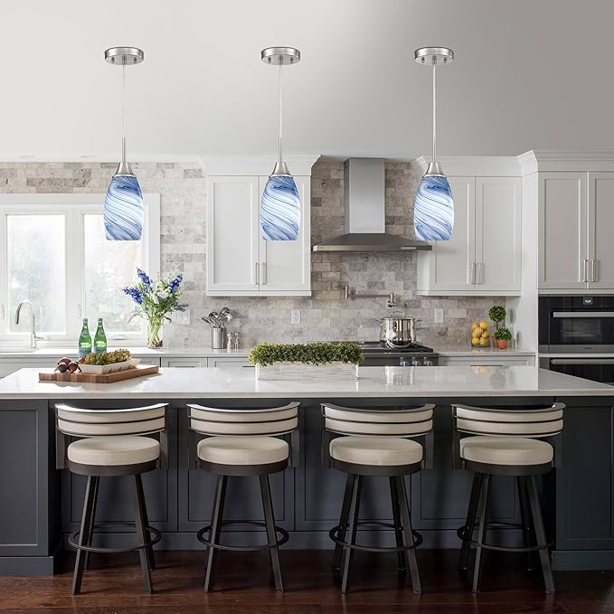 Mini Glass Pendant Light 1-Pack Dark Blue Marble Art Glass Pendant Lights Kitchen Island Brushed Nickel Finish Hanging Light for Kitchen Over Sink,Dining Room,Foyer,Hallway