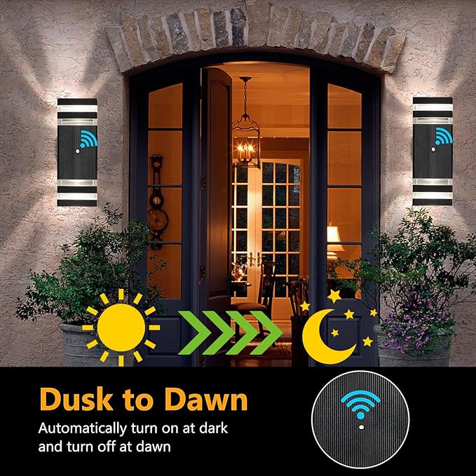 tewei 6 Pack Dusk to Dawn Outdoor Lighting, Modern Black Exterior Light Fixtures 2-Layer Up and Down Outside Wall Lights IP65 Waterproof Outdoor Sconces Lighting for Porch Garage, 3000K