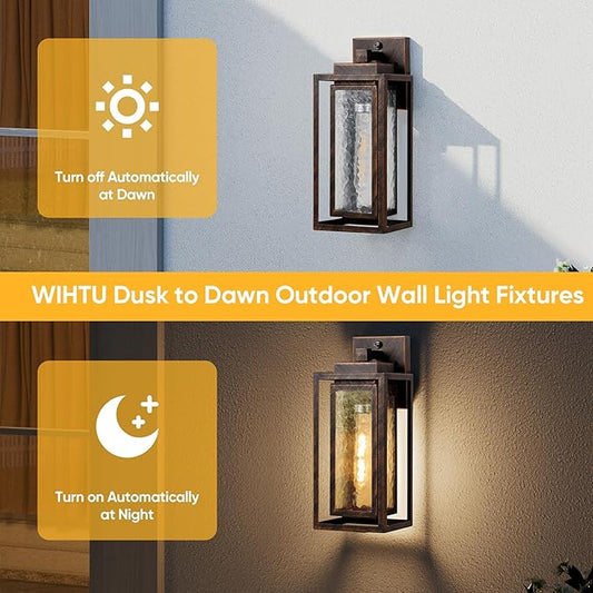 Dusk to Dawn Outdoor Wall Lantern, Water Ripple Exterior Porch Light Fixture Black Gold, 2 Pack Sensor Outside Lantern Lamp, Porch Mount Lamp for Doorway, Waterproof Wall Sconce Light (Bulb Included)