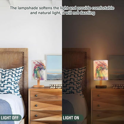 Bedside Lamp Watercolor Dragon Table Lamp for Bedroom LED Nightstand Lamp Shade USB Ports Wood Base for Living Room Dorm Office