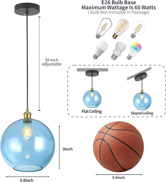 Blue Glass Pendant Lights Kitchen Island Lighting Globe Pendant Light Fixtures Modern Kitchen Island Lighting for Dining Room Bedroom -9.8inch