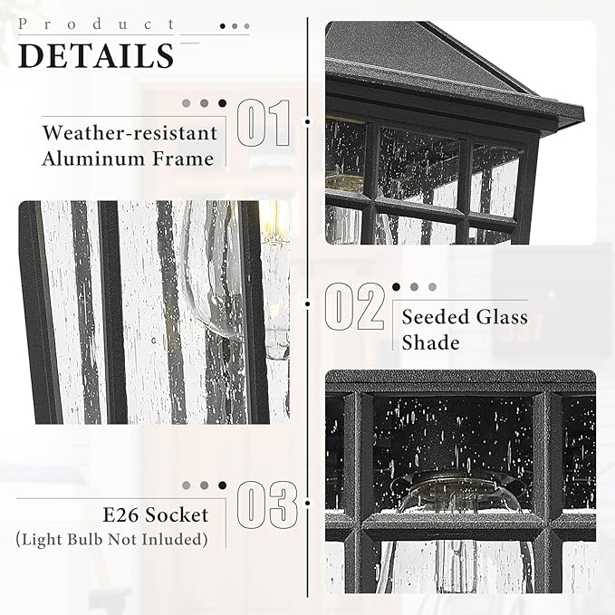 Darkaway Outdoor Wall Lights for House, Exterior Lighting Fixtures Wall Mount Outdoor Porch Lights Waterproof Black Outdoor Sconce Lights with Seeded Glass for Patio Hallway Garage,2 Pack