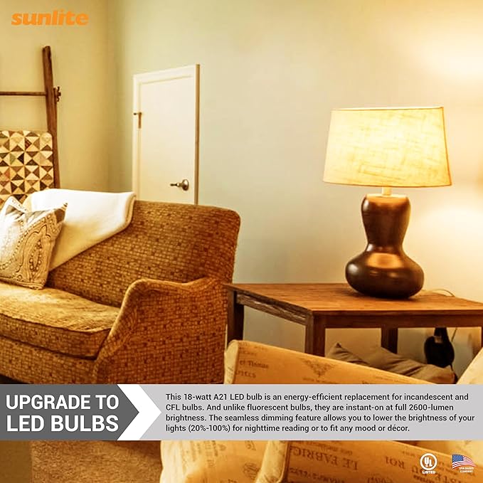 Sunlite LED A21 Light Bulb, 18 Watts (150W Equivalent), 2600 Lumens, 120V, Dimmable, Medium E26 Base, 220 Degree Beam Angle, UL Listed, RoHS Compliant, 2700K Soft White, 6 Pack