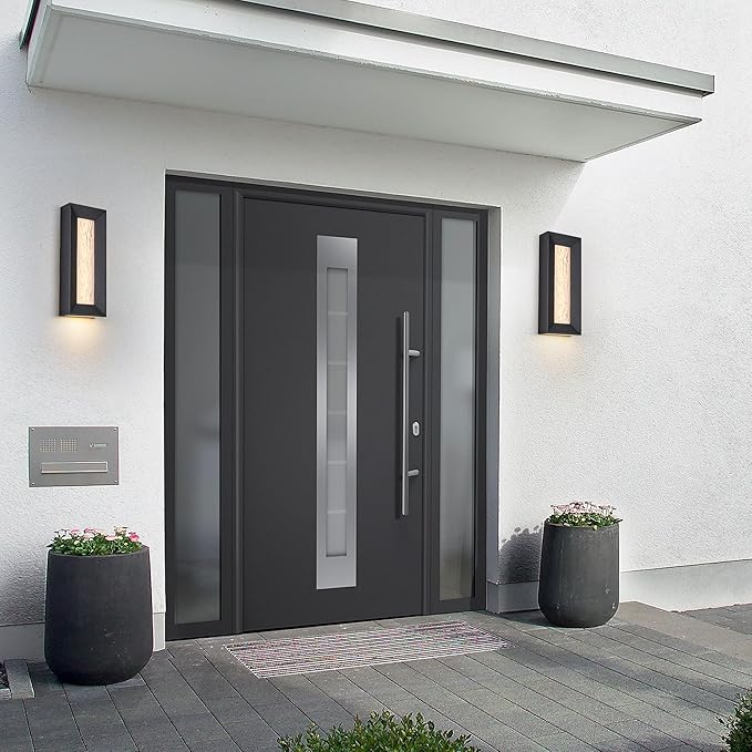 Modern 15in LED Outdoor or Indoor Wall Light with Cast Art Glass,Integrated LED 18.5W 3000K,IP65 Waterproof,Aluminum Extrusions in Textured Black,Wall Mount for Patio, Entryway, Garage