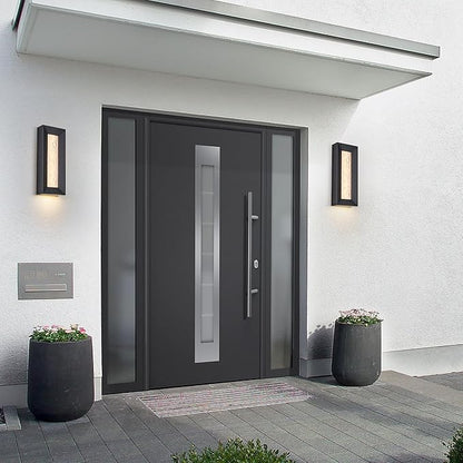 Modern 15in LED Outdoor or Indoor Wall Light with Cast Art Glass,Integrated LED 18.5W 3000K,IP65 Waterproof,Aluminum Extrusions in Textured Black,Wall Mount for Patio, Entryway, Garage
