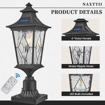 Solar Lamp Post Light Aluminum 20.7 Inch Height Large Size Solar Pole Lights with Water Ripple Handmade Solder Glass Waterproof Black Finish Include Remote Control and LED Bulb