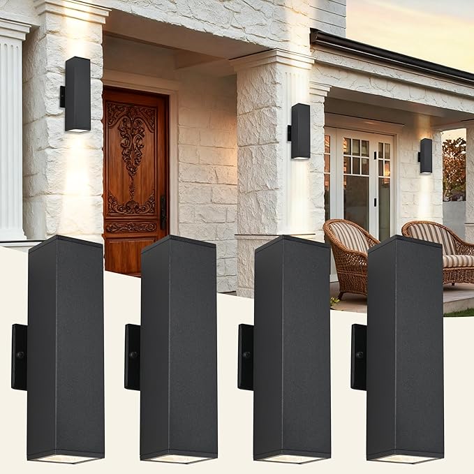 Outdoor Porch Lights, 14 in Outside Lights for House,Garage,Front Door,Modern Black Outdoor Wall Sconce,Up and Down Aluminum Square Patio Wall Light Fixture Include 8 * 7W Led Bulbs 4PCS