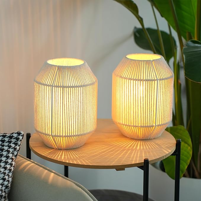 JHY DESIGN Set of 2 Woven Lampshade Table Lamps 8.5" H Cotton Rope Bedside ‌Light‌s Cordless Decorative Battery Operated Lamps with 6 Hours Timer for Bedroom Living Room Weddings Parties Patio