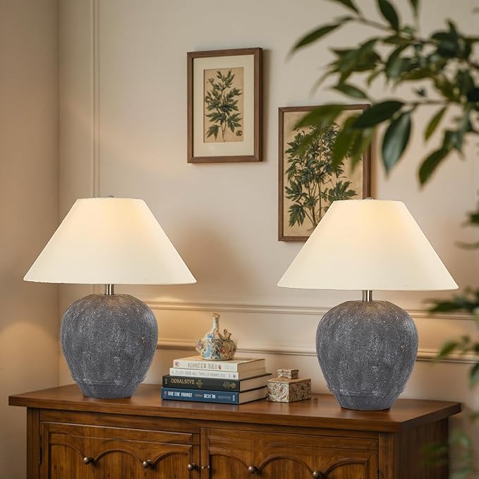 Farmhouse Ceramic Table Lamp Set of 2, 21" Rustic Table Lamp with Linen Shade, 3-Way Dimmable Bedside Nightstand Lamps for Bedroom, Living Room, E26 Socket, Dark Grey