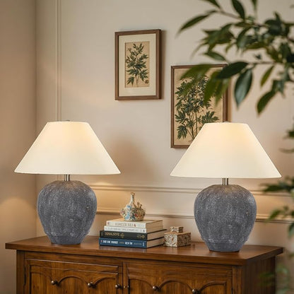 Farmhouse Ceramic Table Lamp Set of 2, 21" Rustic Table Lamp with Linen Shade, 3-Way Dimmable Bedside Nightstand Lamps for Bedroom, Living Room, E26 Socket, Dark Grey