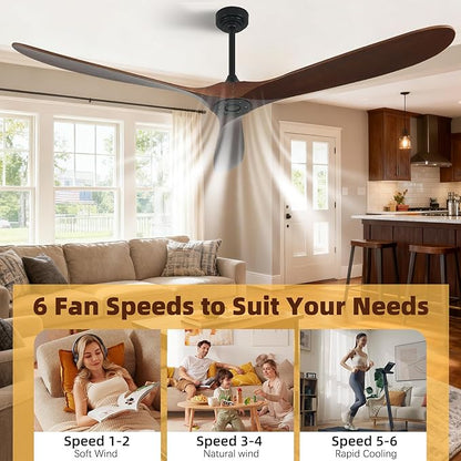 Ceiling Fan Without Light, 72 Inch Smart Wood Ceiling Fan no Lights, Compatible with Alexa/Google, 3 Natural Walnut Blades, Remote, Quiet Reversible DC Motor for Indoor Outdoor