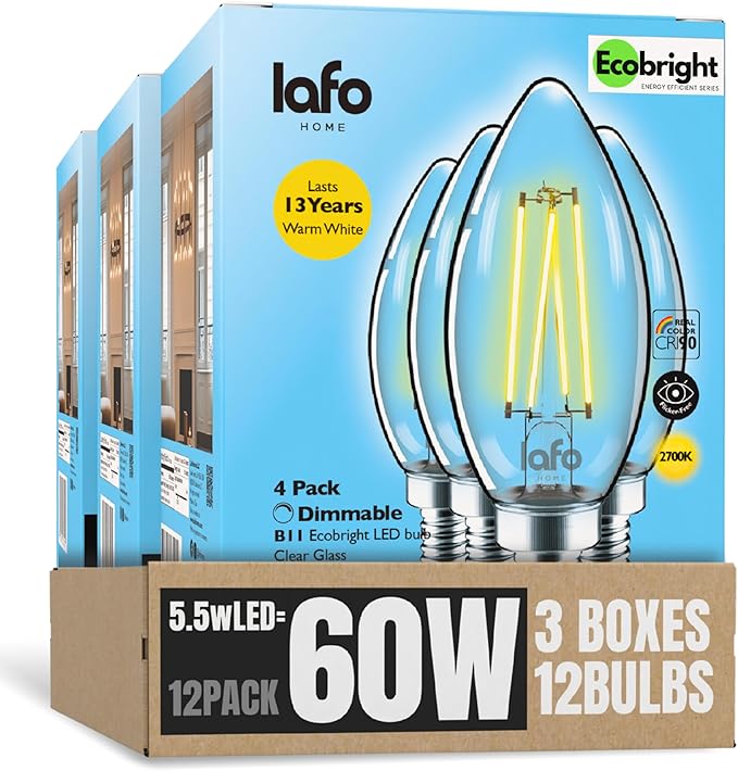EcoBright Dimmable LED Candelabra Light Bulbs, B11 Chandelier Bulbs 60W Equivalent E12 Base, 2700K Warm White, CRI90, High Color Accuracy, Flicker Free, ETL and FCC Certified,12 Pack