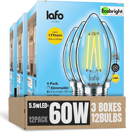EcoBright Dimmable LED Candelabra Light Bulbs, B11 Chandelier Bulbs 60W Equivalent E12 Base, 2700K Warm White, CRI90, High Color Accuracy, Flicker Free, ETL and FCC Certified,12 Pack