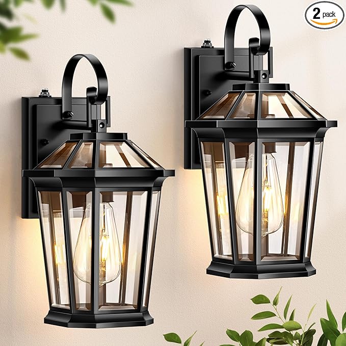 VIANIS Dusk to Dawn Outdoor Wall Lighting, Exterior Light Fixture Wall Mount for House Front Porch Light, Black Anti-Rust Aluminium Modern Outside Coach Lantern with Tempered Glass Shade for Garage