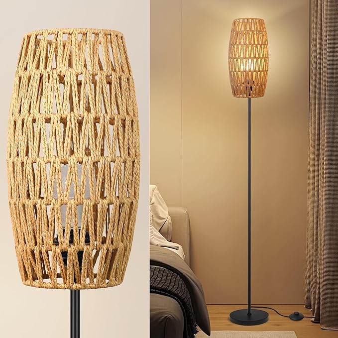 Floor Lamp for Living Room,Farmhouse Floor lamp,Modern Standing lamp with Hand-Worked Rattan Shade (Drum Rattan Shade Black Body Color-3 Color Bulb)