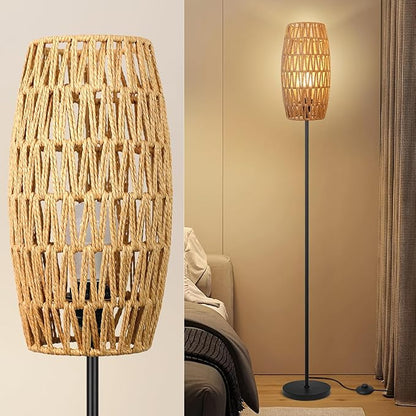 Floor Lamp for Living Room,Farmhouse Floor lamp,Modern Standing lamp with Hand-Worked Rattan Shade (Drum Rattan Shade Black Body Color-3 Color Bulb)