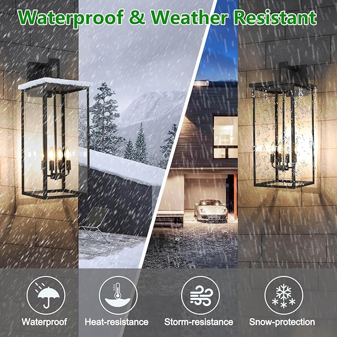 tewei 26IN Large Size Outdoor Wall Lantern Exterior Waterproof Wall Sconce, Matte Black Outdoor Lights for House Modern Porch Light with Clear Glass Shade, E12 Base Wall Light for Garage(1 Pack)